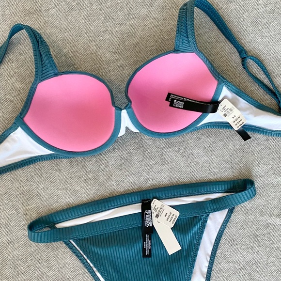 NWT Victoria's Secret PINK Size M Ribbed Blue Push-Up Bikini + High Cut Bottom - Picture 6 of 8